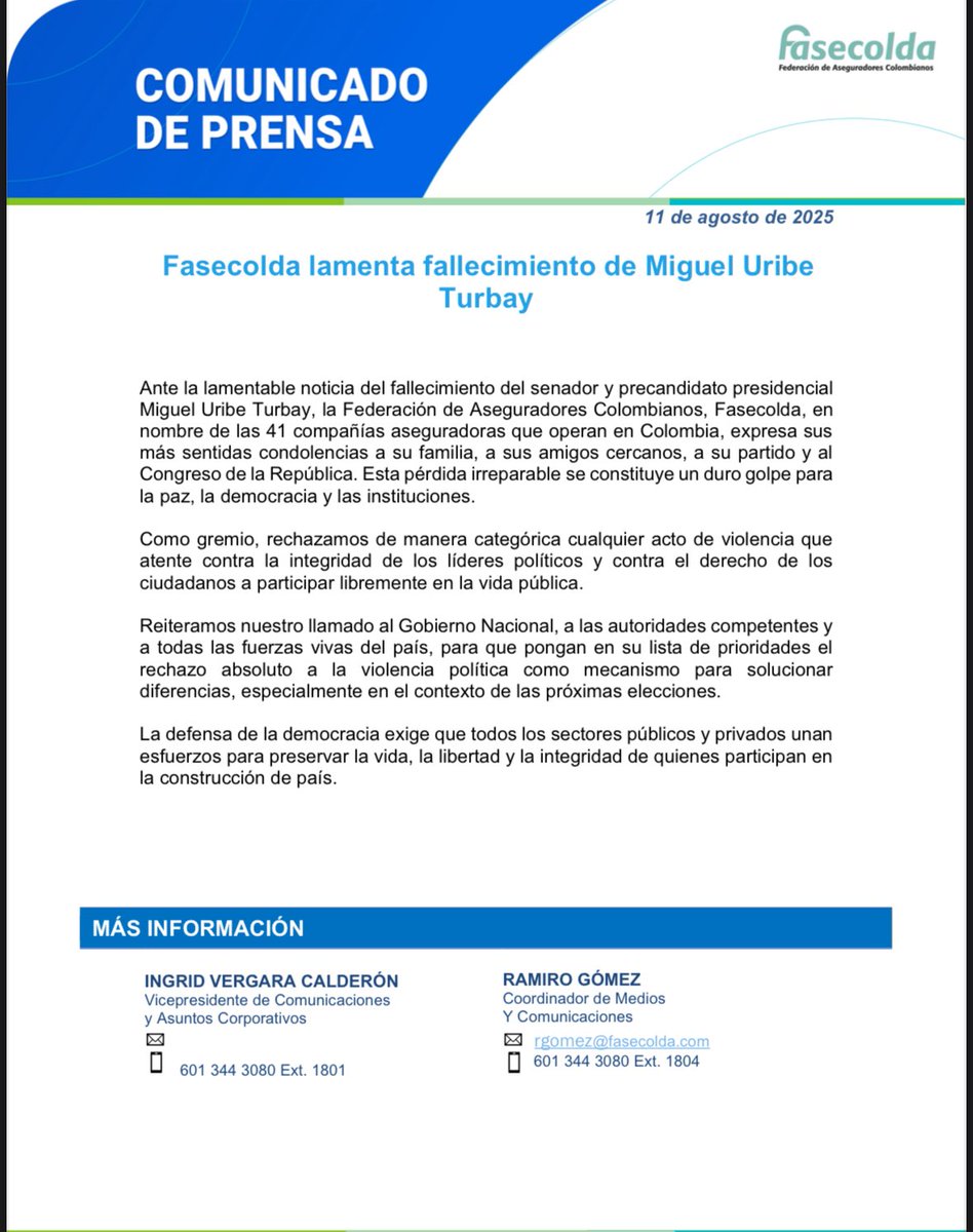 FasecoldaOficia's tweet photo. Desde #Fasecolda expresamos nuestras sentidas condolencias por el fallecimiento del senador Miguel Uribe Turbay y toda nuestra solidaridad a su familia. Rechazamos todo acto de violencia política y reiteramos el llamado a proteger la vida, la democracia y la libertad en Colombia. https://t.co/sAVfh6wRPm
