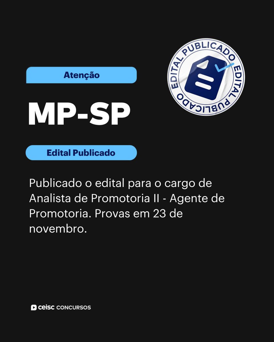 Confira as principais informações:
📌 Banca: Vunesp
📌 Vagas: 15 + CR
📌 Escolaridade: Nível superior
📌 Salário inicial: R$ 13.581,75 
📌 Inscrições: 14/08 a 15/09
📌 Provas: 23/11

💡Comece a se preparar agora e garanta sua vaga!

#MPSP #ConcursoPublico #AnalistaDePromotoria