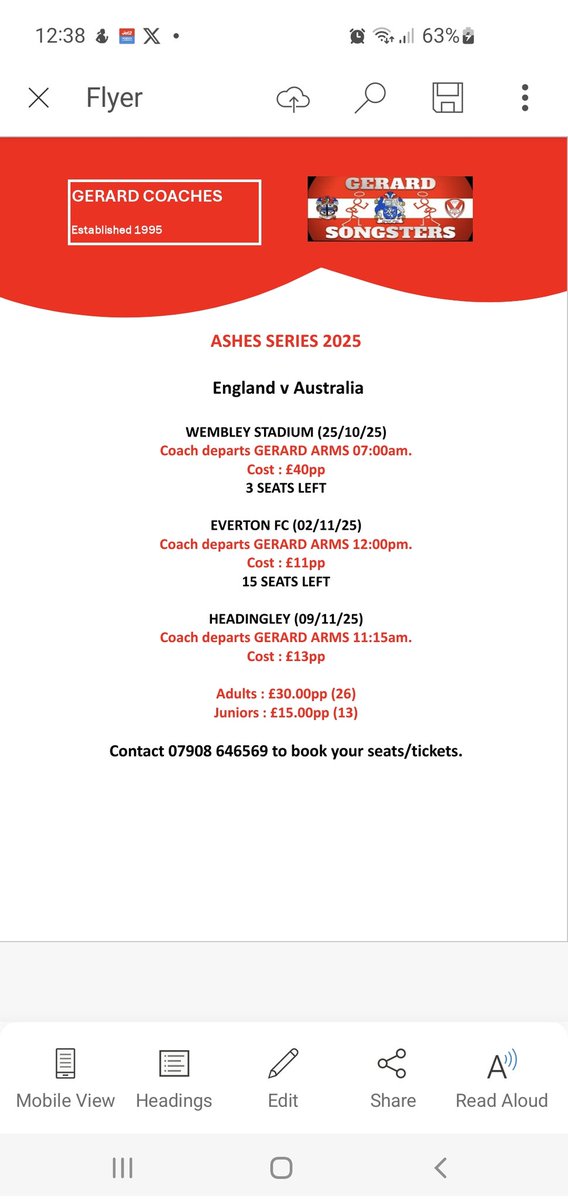 gerardcoaches's tweet image. 2025 Ashes Series.

State of play regarding coach seats and match tickets left for each game. The numbers in brackets are how many tickets I have left for Headingley.

I can sort 3 match tickets for the 3 remaining seats on the Wembley Coach if required