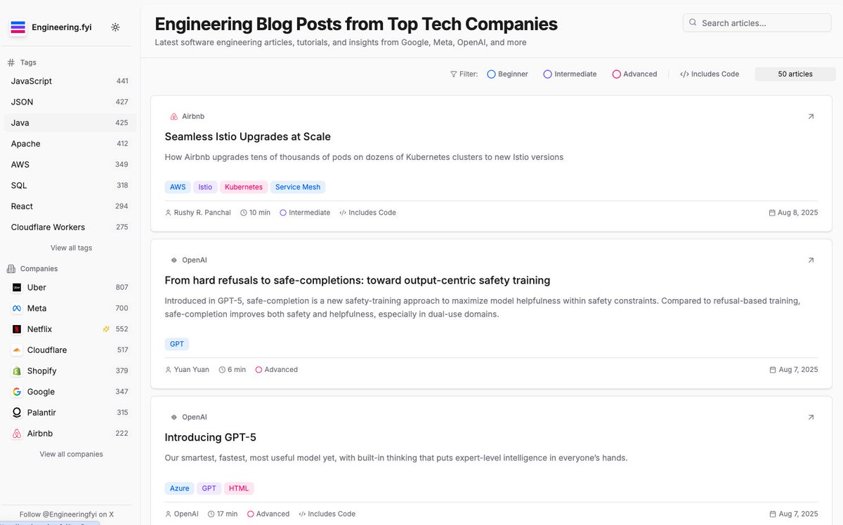 米国大手テック企業の技術ブログのキュレーションサイトめちゃくちゃ便利だな。ブクマしとこ。

engineering.fyi