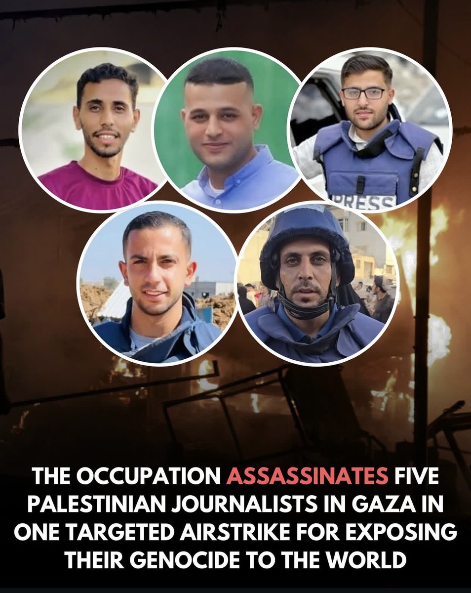 The occupation continues to murder journalists for exposing their crimes to the world.The victims were correspondent Anas al-Sharif, correspondent Mohammed Qreiqeh, cameraman Ibrahim Zaher, cameraman Mohammed Nofal, and media staffer Moamen Aliwa.

chuffed.org/project/115463…