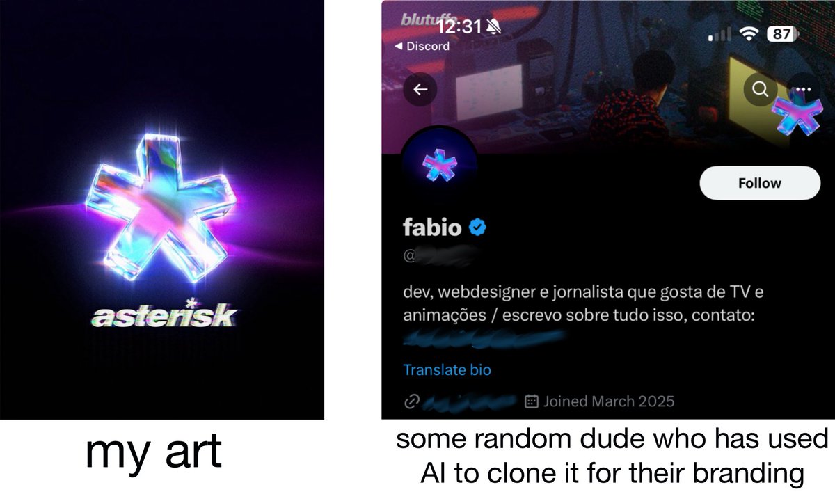 yeah this has happened to me lmao

i dont necessarily mind people using my artwork most times, but regenerating it with AI and then using that arguably worse version of my work with no credit is just bizarre and a little insulting