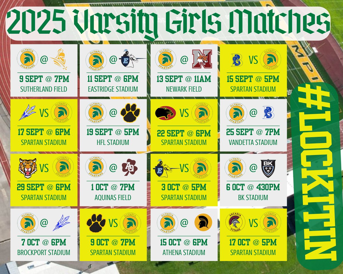 The 2025 varsity schedule is live! Can't wait to #LOCKITIN with this great group of kids. As always, check rSchools for schedule changes prior to games. And be sure to find on us Instagram as well. <a href="/GreeceOlympia/">Olympia Spartans</a> <a href="/Oly_Athletics/">Greece Olympia Athletics</a> <a href="/PrimetimeBall_/">Primetime585⭕️</a>