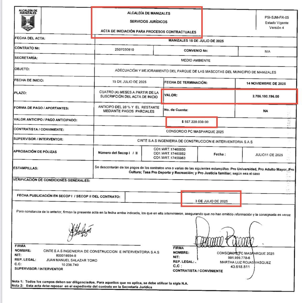 Brayan_David_S's tweet photo. ⚠️DENUNCIA

CONTRATO de La Enea a Consorcio PC MASPARQUE por casi 3MIL MILLONES.

Empresa SANCIONADA por incumplir contratos hace parte de CONSORCIO y mencionado en Caso MARIONETAS esta en la INTERVENTORIA.

@JorgeERojasG debe explicar a LA ENEA.
Por qué tanto afán con la obra?👇🏻 https://t.co/RlBtgEBcnv