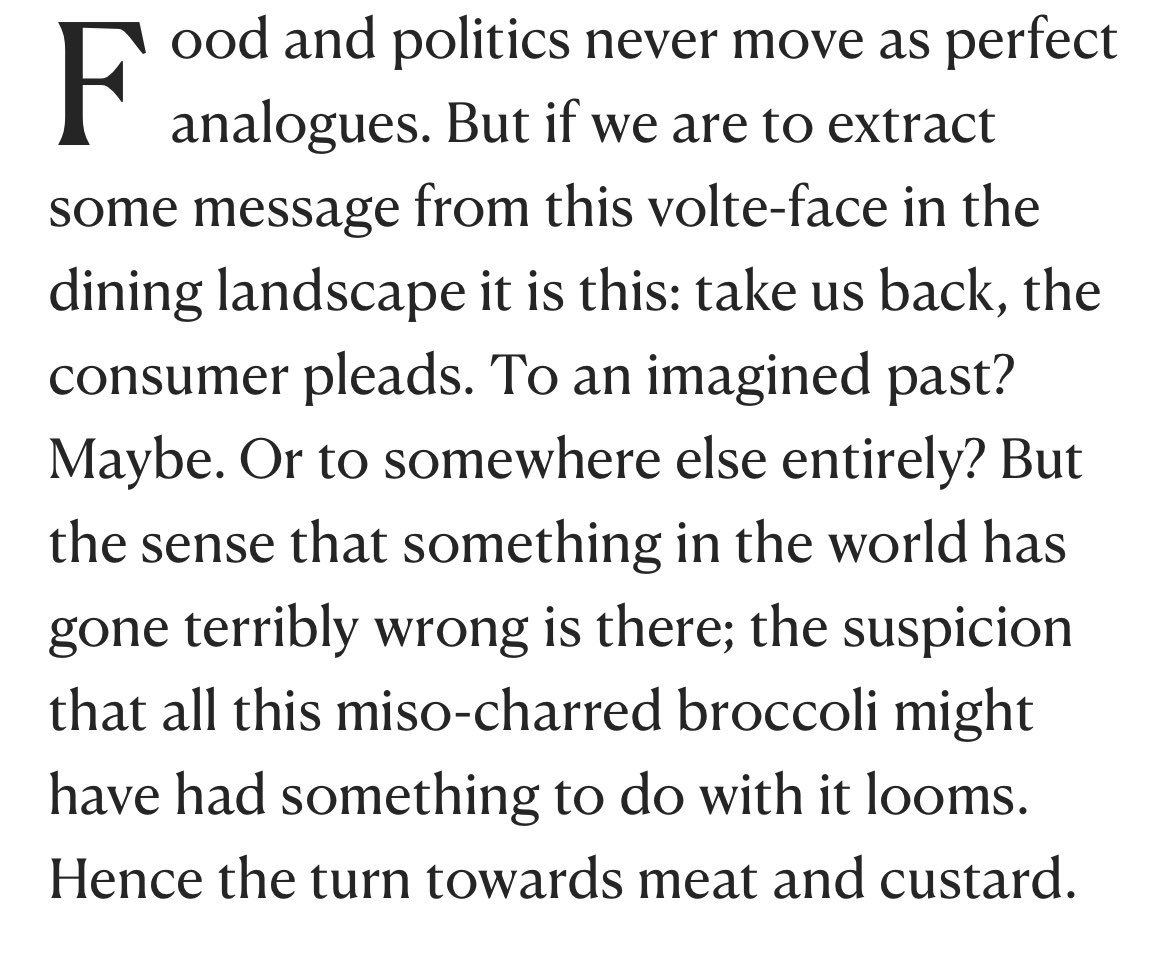 British food in 2025: meat and custard, gripped by post-war nostalgia, full of butter, set in opposition to the long arm of New Labour’s cosmopolitanism, far away from the River Cafe 

My essay for the <a href="/NewStatesman/">The New Statesman</a> summer special on how the elite eat now
