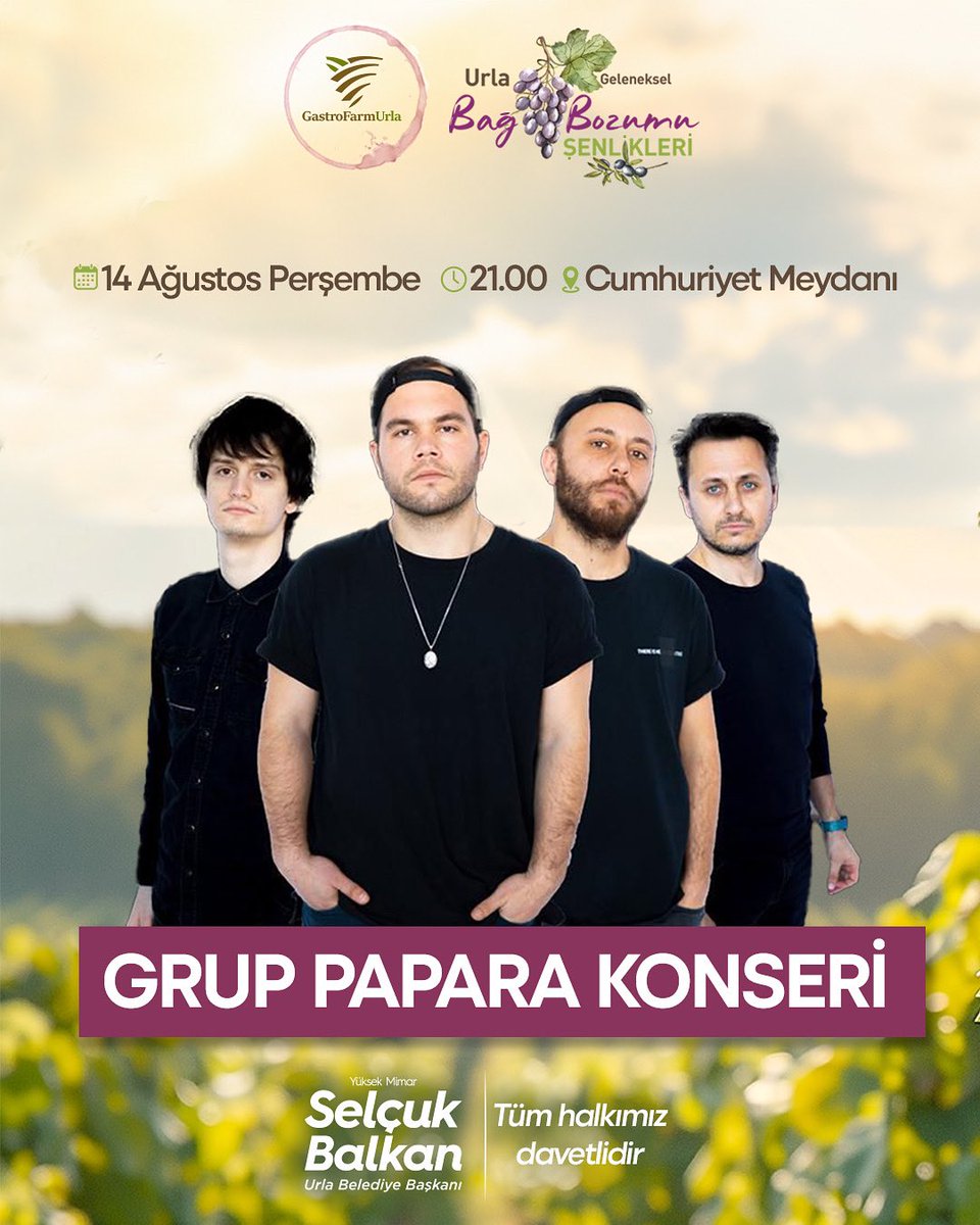 14 Ağustos akşamı eğlence hız kesmeden Papara Grubu ile devam edecek! 🎸

📅 14 Ağustos Perşembe
🕘 21.00
📍 Cumhuriyet Meydanı

Ritmini meydanda hissedeceğiniz, herkesi dansa kaldıracak bu enerji dolu konseri kaçırmayın! Bağ Bozumu Şenlikleri’nde müzik geceye kadar sürecek! ✨❤️