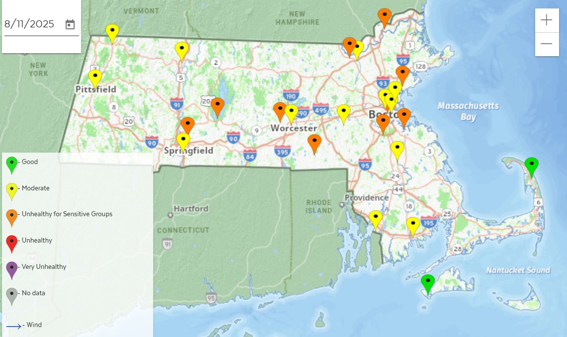 🚩Air Quality Advisory: #MassDEP has posted an Air Quality Advisory for sensitive populations, effective today, August 11 until 11:00 PM for seven counties: eeaonline.eea.state.ma.us/dep/massair/we…