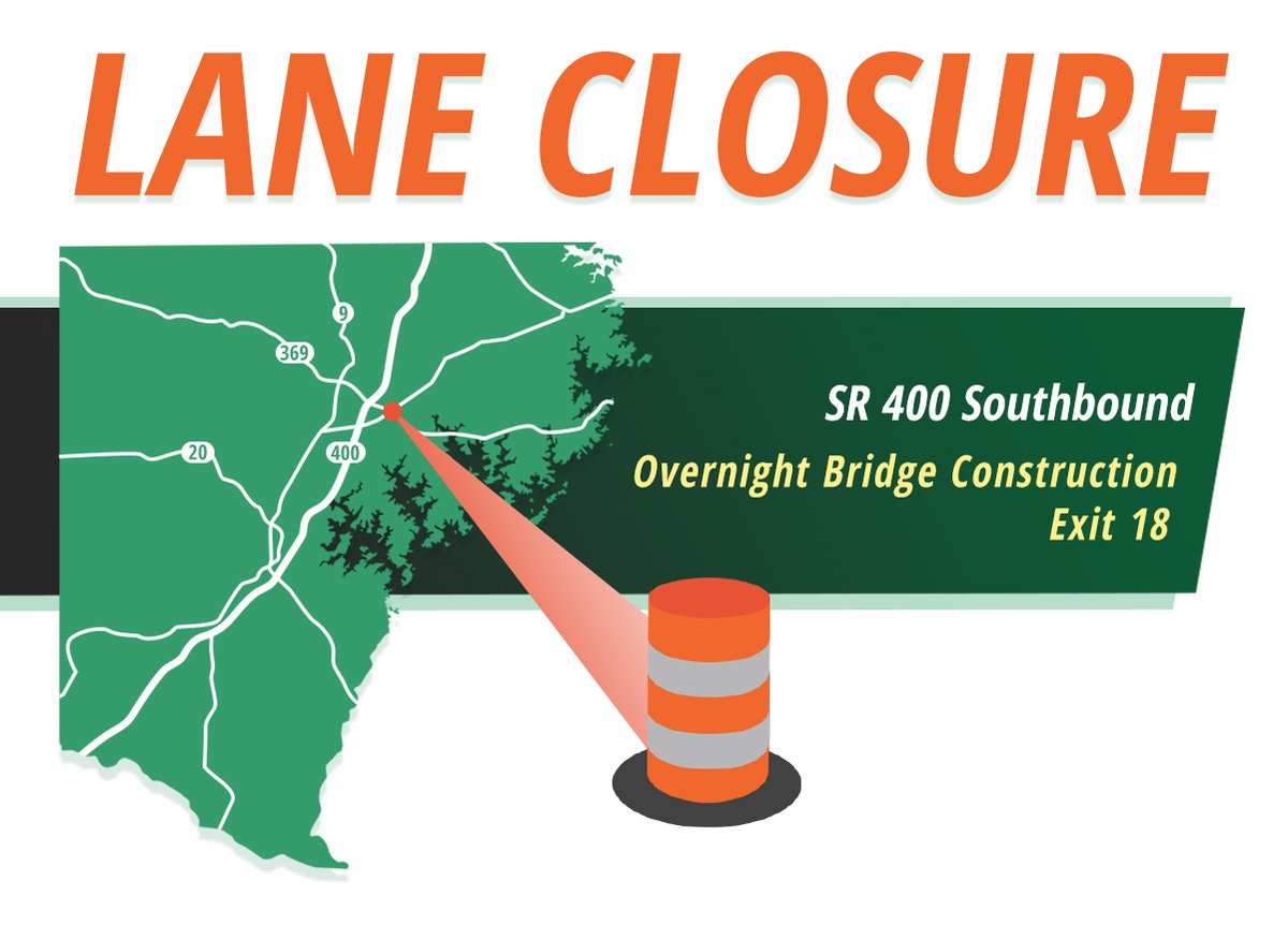 TONIGHT: SR 400 @ SR 369: Expect overnight traffic pacing and a single lane closure Monday and Tuesday nights, August 11 and 12 (weather permitting) on SR 400 Southbound just north of Exit 18 (SR 369). 

Learn more: forsythco.com/exit-18