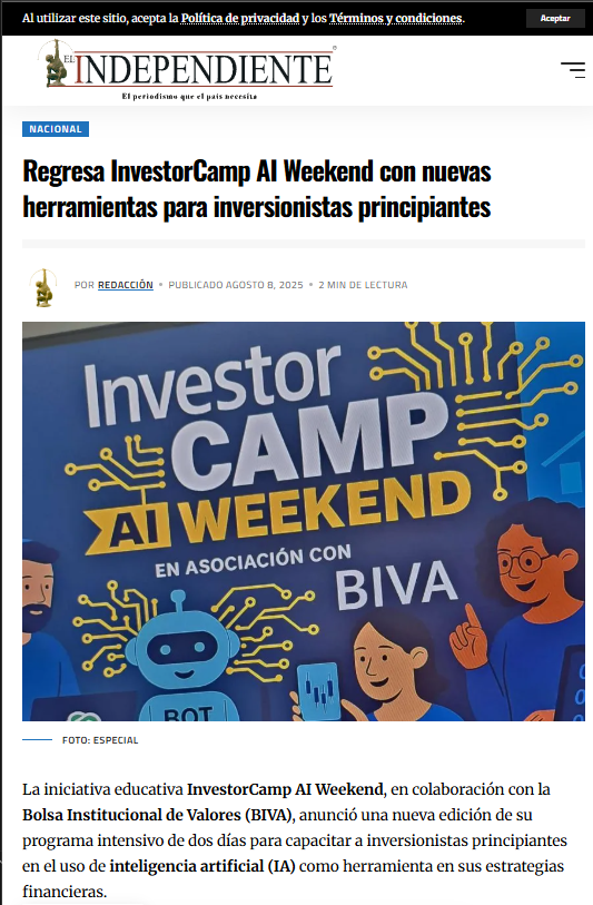 Gracias a <a href="/ElIndpendiente/">El Independiente</a>. La segunda edición de InvestorCamp Weekend AI será este 21 y 22 de Agosto. Aprende a usar las herramientas de I.A. más allá de Chat GPT para fortalecer tu plan de inversión.

Nota: elindependiente.mx/nacional/2025/…

Boletos y Detalles: investor-camp.com/events/investo…