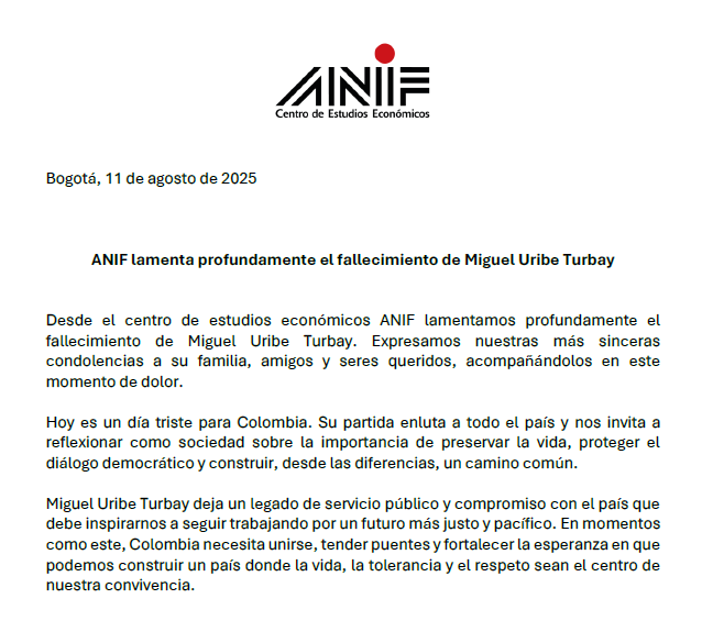 Desde ANIF lamentamos profundamente el fallecimiento de Miguel Uribe Turbay y expresamos nuestras más sinceras condolencias a su familia. El país está de luto.