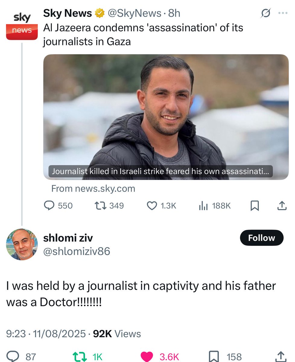 EllaTravelsLove's tweet image. The international media is in an uproar over the killing of “journalist” Anas Al-Sharif - but  Shlomi Ziv, who was kidnapped from his home on October 7, 2023, and rescued in an IDF operation, testifies that a &quot;journalist&quot; was his captor in captivity.

Shame on the mainstream…