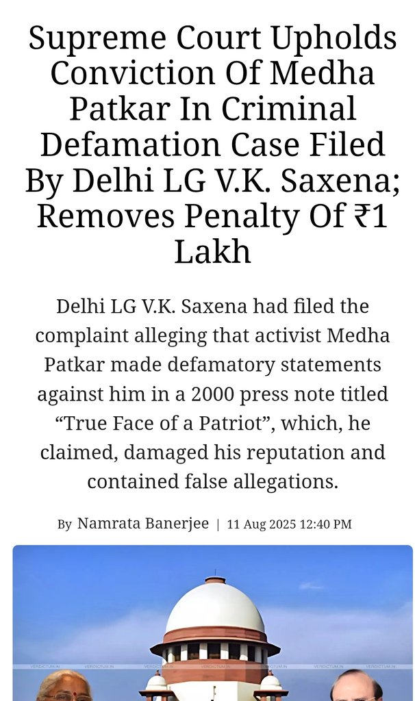 vivekanandg's tweet photo. BIG...
Supreme court upholds conviction of @medhanarmada in criminal #defamation case filed by delhi LG Saxena. https://t.co/EesDWfpf4H