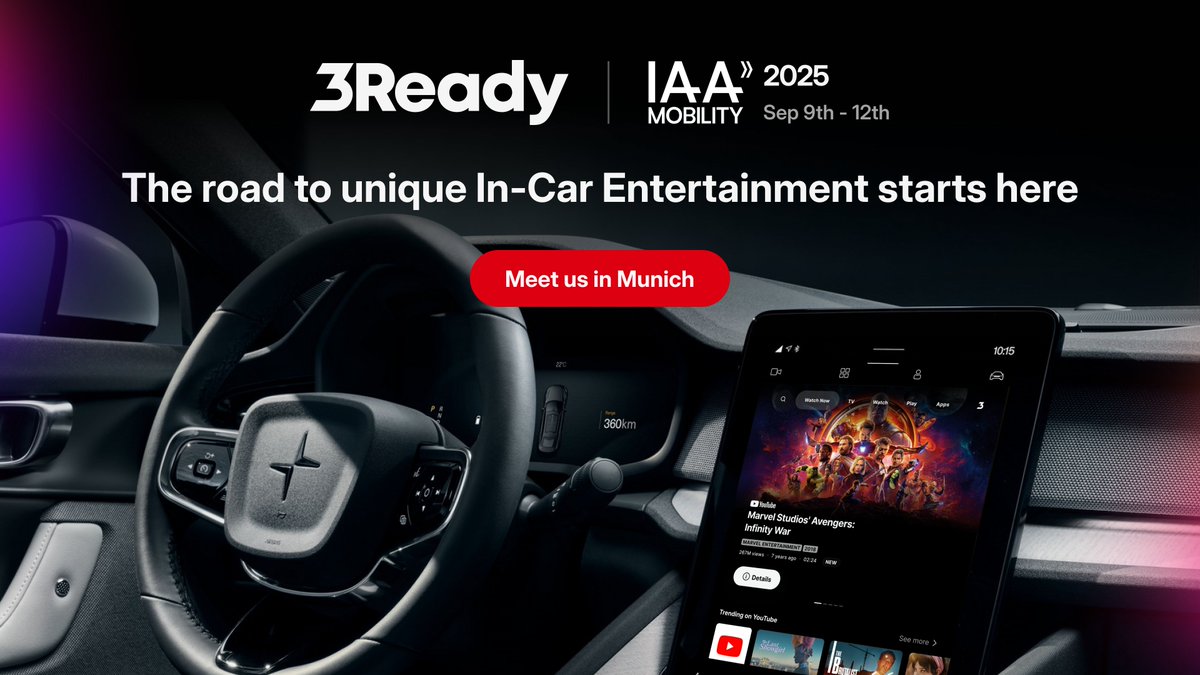 3ScreenSolution's tweet image. Step into the future of in-car entertainment with 3SS at IAA Mobility 2025. 

Experience our 3Ready platform powered by Dolby Atmos and Vision, featuring real-time UX control and personalized content. 

Book your demo: eu1.hubs.ly/H0mgR0T0