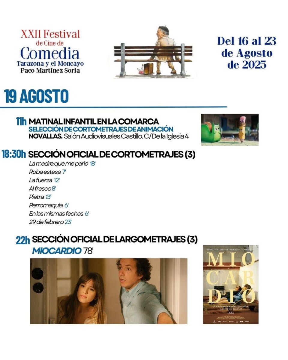 🎬 📽️ Os dejamos un pequeño #resumen por días de todas las secciones oficiales, actividades, monólogos… de los que vamos a poder disfrutar en Tarazona del 16 a 23 de agosto. 

¡Qué poquito queda! 😎🙌🏼

#tarazonacine2025 #pacomartinezsoria #festivaldecine