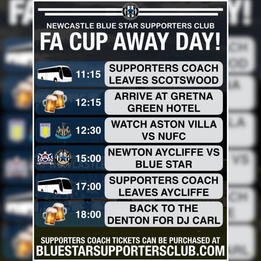 𝗙𝗔 𝗖𝗨𝗣 𝗔𝗪𝗔𝗬 𝗧𝗥𝗔𝗩𝗘𝗟 | 𝗡𝗲𝘄𝘁𝗼𝗻 𝗔𝘆𝗰𝗹𝗶𝗳𝗳𝗲

Book your space on our supporters coach for this Saturday's trip to Newton Aycliffe! 🚌

Starting off at NE15, then heading down to watch the NUFC game, before cheering on the lads at 3pm, and finishing at The