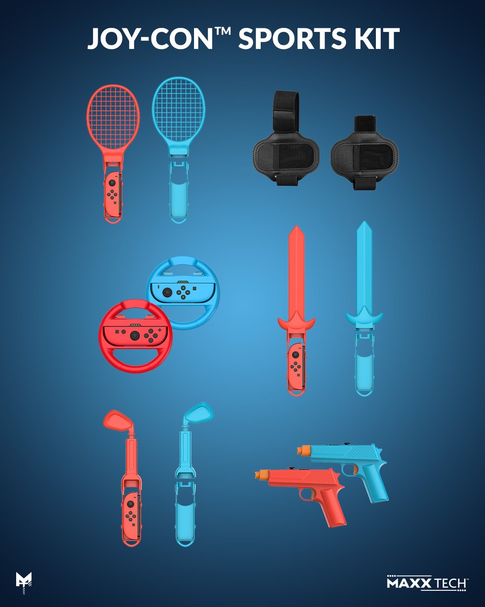 Get summer-sport ready with the Maxx Tech Joy-con sports kit for Nintendo Switch and Switch 2! With a pair of rackets, golf clubs, steering wheels, swords, pistols and wrist straps you're ready for every sport! Pick one up from one of our retailers now!  #MaxxTech #Aheadofthegame
