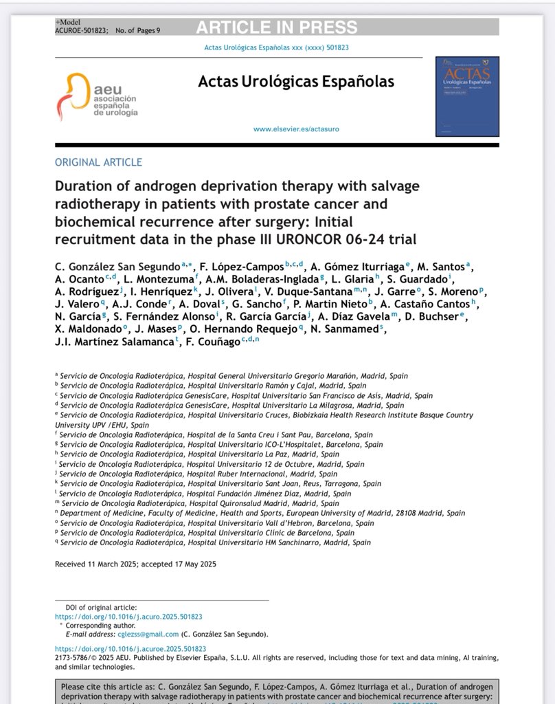 📢 New online!
URONCOR 06-24 🧪💡
Phase III on optimal ADT + salvage RT duration after prostatectomy in #ProstateCancer.

🙏 Thanks to co-authors, patients, families &amp; team!

🔗 Free 50 days: authors.elsevier.com/a/1laAL7kDkrrQ…