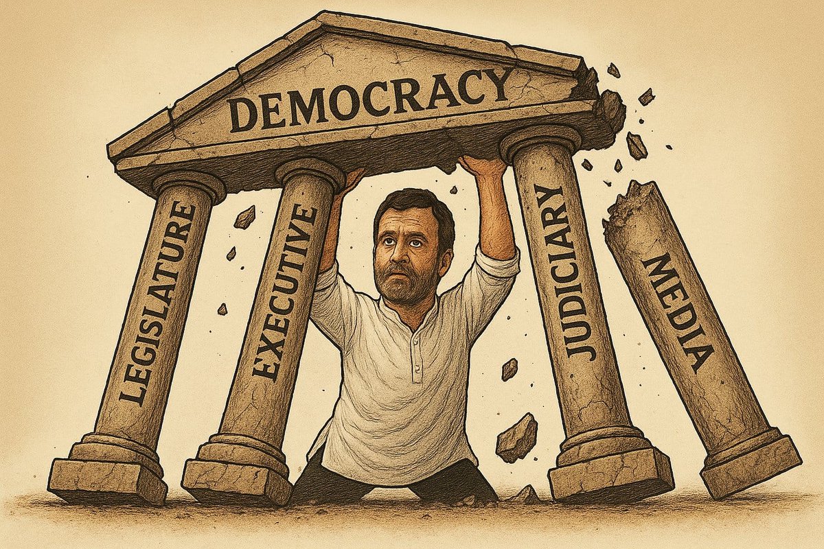 CongressSevadal's tweet photo. When BJP shakes the pillars of Legislature, Executive, Judiciary &amp; Media, there’s only one man holding up Democracy @RahulGandhi .

 #votechoriexposed https://t.co/aNQthJm9To
