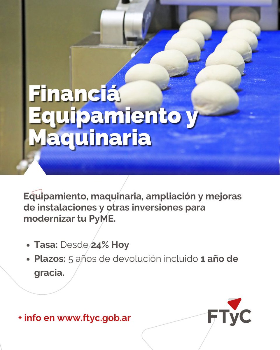 🛠️☕ Si tenés una micro o pequeña empresa como panadería, cafetería, taller, imprenta, gimnasio u otro rubro, este crédito es para vos.

💰 Hasta $16M con garante propietario o bono de sueldo.
⚡ Ágil, fácil y con tasa bonificada.

👉 ftyc.gob.ar/inversion
