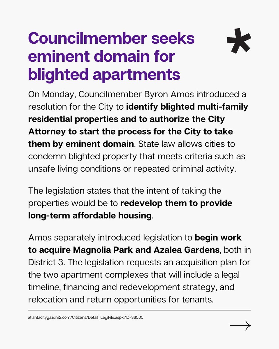 civicatlanta's tweet photo. (3/9) @ByronAmos introduced a resolution for the City to identify blighted multi-family residential properties and to start the process for the City to take them by eminent domain for redevelopment as affordable housing. https://t.co/wGVfQGy9WA https://t.co/LIAfyiC2FS