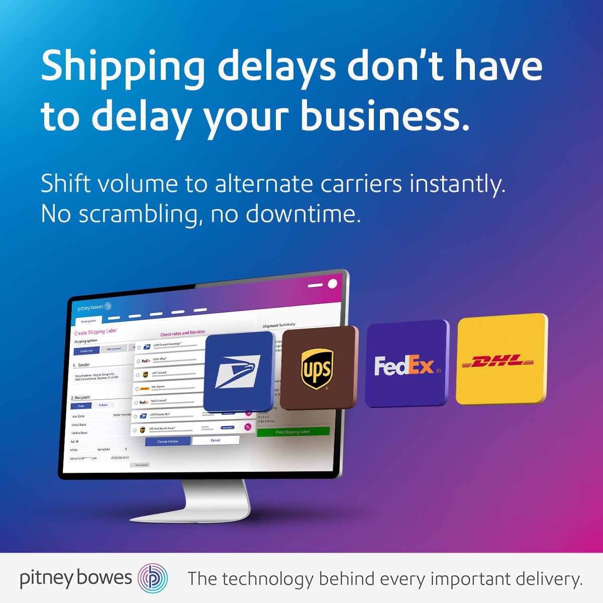 PitneyBowes's tweet photo. One carrier down? No problem. Our #multicarrier shipping solutions let you reroute shipments quickly, so your business keeps moving without missing a beat. https://t.co/QZCitKAx1f #shippingsolution #tech https://t.co/i2qeZbMfSA