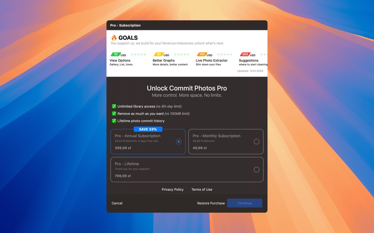 commitphotos's tweet image. 🔒 Lifetime unlock available!
One-time purchase, forever Pro access - no recurring fees. Perfect if you’re serious about a tidy library.
#OneTimePurchase #macOSApp
