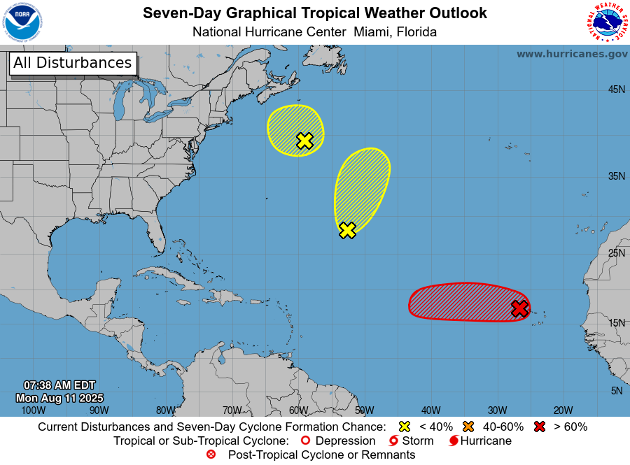 8am EDT Monday 11 Aug -- NHC is currently monitoring 3⃣ features in the Atlantic Basin this morning.

Of these, the system just west of the Cabo Verde Islands (#AL97) has a high chance (90% 🔴) of becoming a tropical cyclone over the next couple of days.

hurricanes.gov