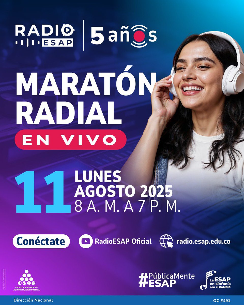 ESAPOficial's tweet photo. ¡Hoy en la ESAP estamos de celebración! 🎉 Nuestra radio @Radio_ESAP cumple 5 años al aire y queremos compartir con toda la comunidad esapista un día de maratón radial🎙️

🔴¡Escúchanos hoy desde las 8:00a.m! EN VIVO: https://t.co/Qw3JvChhWi https://t.co/DFD5N5oQEI