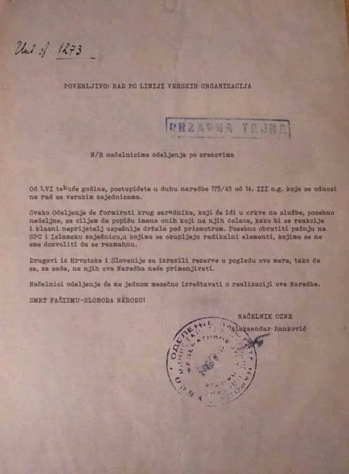 Napadi na SPC iz vremena "bratstva i jedinstva," koji u Titovoj CG, u kojoj je tokom WWII i nakon WWII od 200 svestenika SPC na svirep nacin ubijeno njih 182,
jos traje: Aleksandar Rankovic, drugi covek SFRJ, naredjuje pracenje vernika  SPC. Naziva ih "radikalnim elementima!"