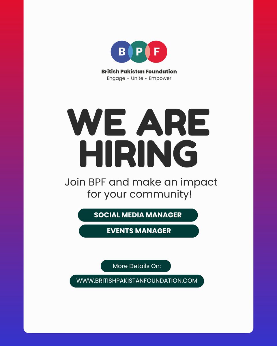 British Pakistan Foundation (@bpf_uk) on Twitter photo We are Growing Our Team!
BPF is looking for two passionate and driven individuals to join us: Social Media Manager & Events Manager.
Apply now and be part of our mission to empower and connect the British Pakistani community. 
For further details visit: britishpakistanfoundation.com We are Growing Our Team!
BPF is looking for two passionate and driven individuals to join us: Social Media Manager & Events Manager.
Apply now and be part of our mission to empower and connect the British Pakistani community. 
For further details visit: britishpakistanfoundation.com