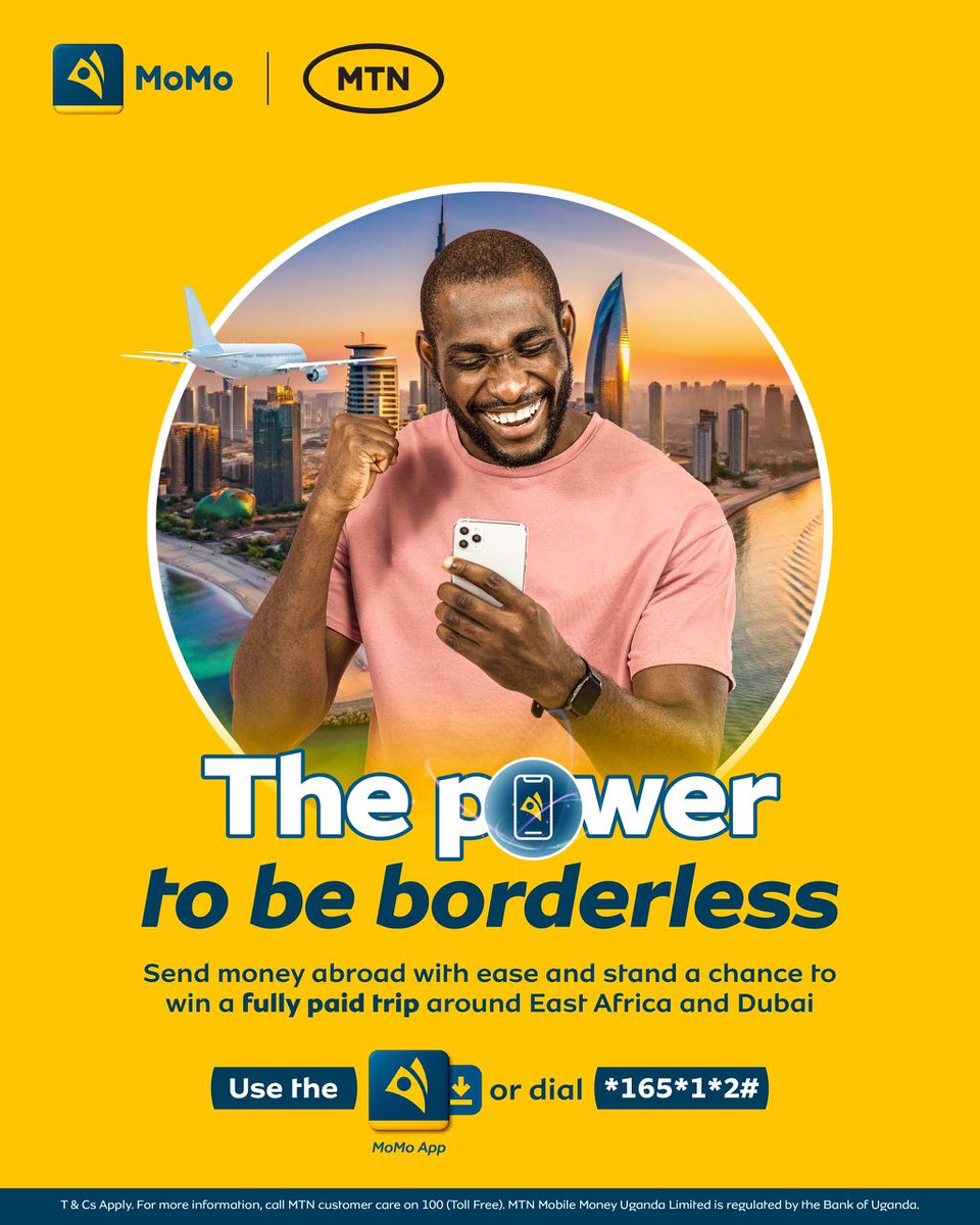 IanFirminho's tweet photo. Join @mtnmomoug #BorderlessTransactions PROMO and win big.
Send money abroad from Uganda and win a fully paid trip to East Africa and Dubai.
Or, receive money in Uganda and win shopping worth 200,000 UGX.
Use #MTNMoMo and unlock the #PowerToBeMore https://t.co/gjVV8a9zt6