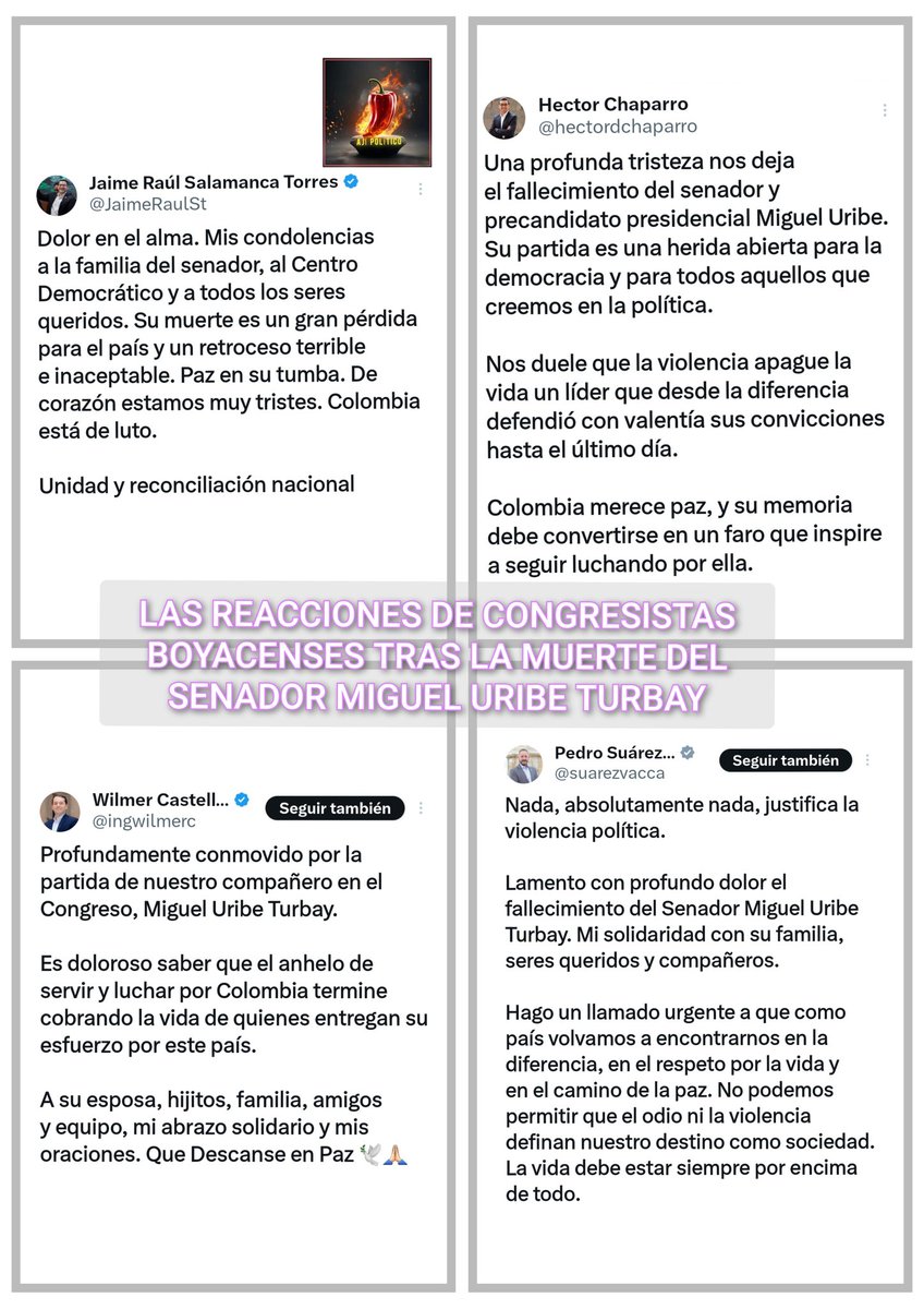 PoliticoAji's tweet photo. #AjíPolítico 🌶 "Su partida es una herida abierta para la democracia". @hectordchaparro 

"Dolor en el alma". @JaimeRaulSt 

"Profundamente conmovido por la partida de nuestro compañero". @ingwilmerc.

"Nada ... justifica la violencia política".@suarezvacca https://t.co/MWGMDCffIo