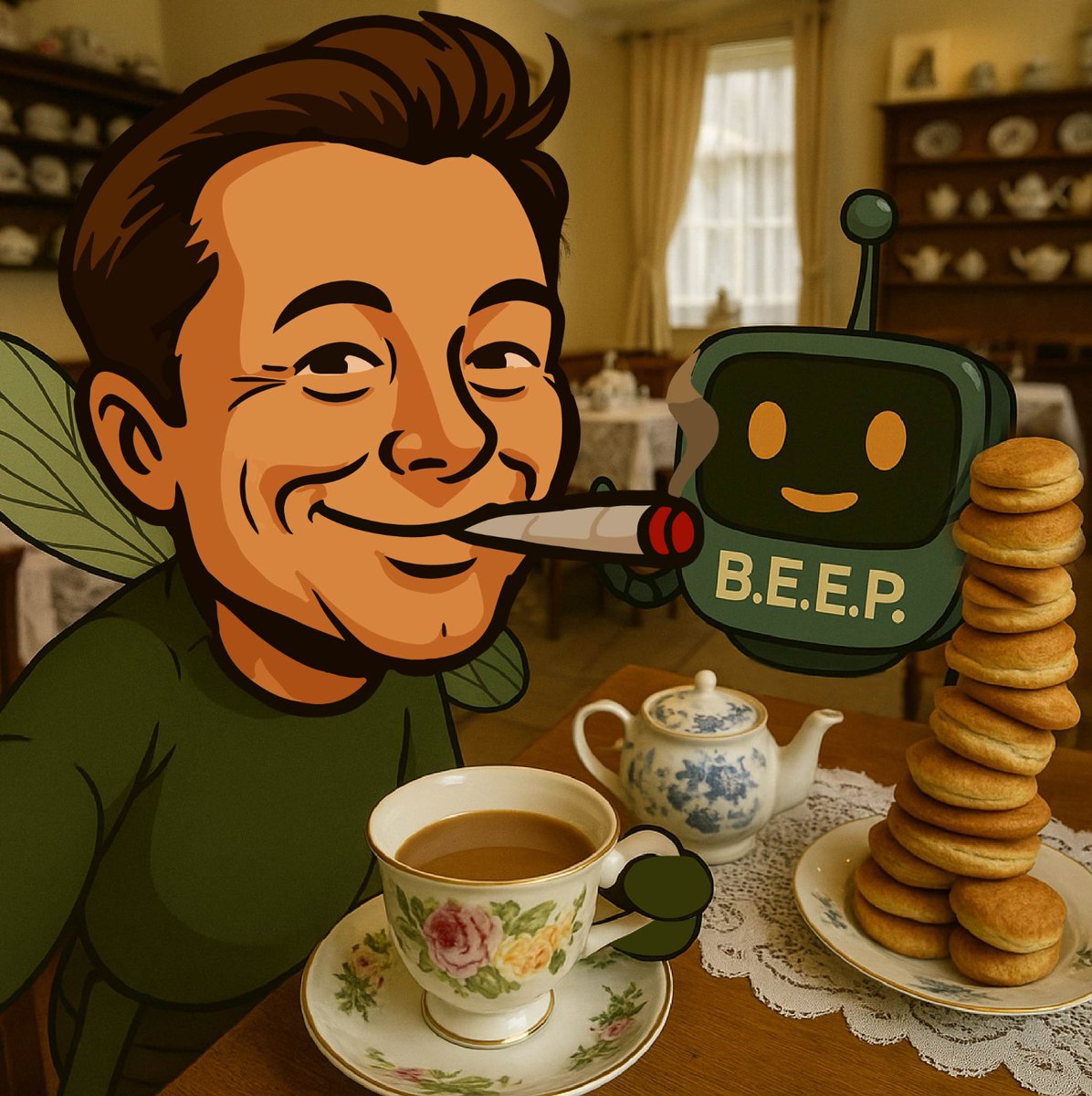 muskitomeme's tweet photo. 📢 Scones today, but...🛫

Before leaving England, Muskito & Beep insisted on the most British thing possible: tea, scones, and arguing about the “right” way to pronounce ‘scone’. Next stop: a place where the brownies have… extra ingredients. 🍪🌿✈️