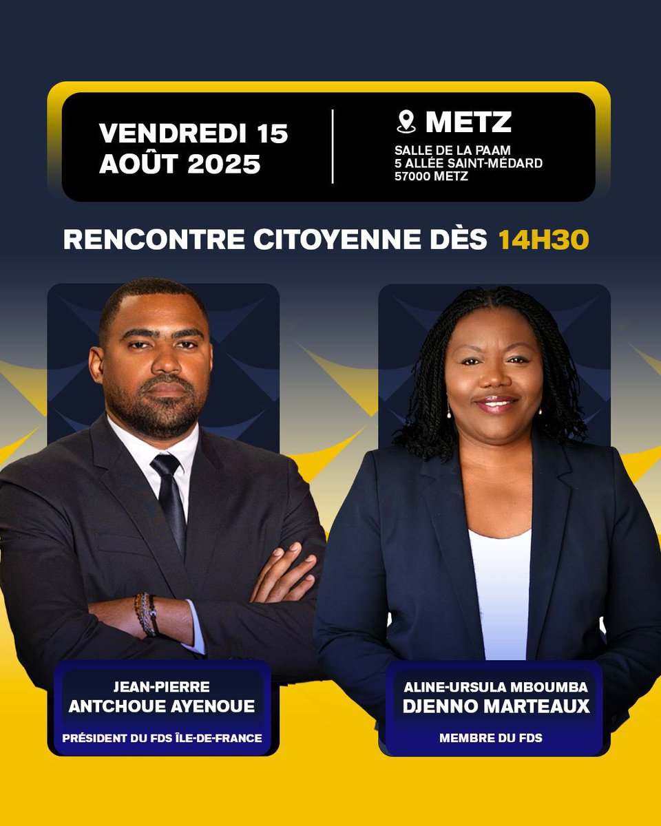 siruis_ga's tweet photo. Je serais à Metz ce vendredi pour une rencontre citoyenne. Un échange ouvert et franc pour discuter des enjeux et challenges auxquels fait face notre diaspora. 
Gabonais de Metz et alentours je vous attends nombreux !
📌Rendez-vous à vendredi à 14h30 à la salle de la Paam https://t.co/BJWObF8s38