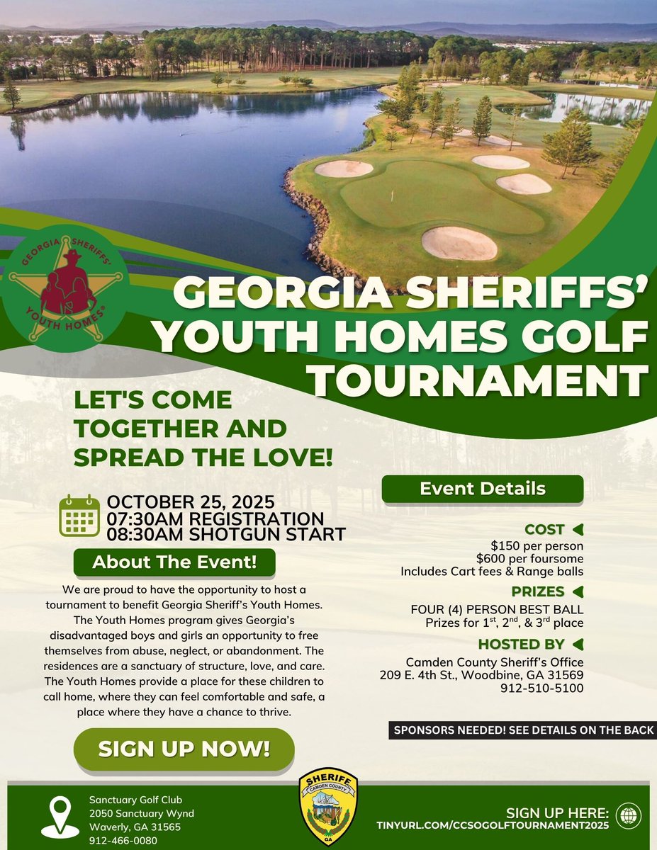 CamdenCoSheriff's tweet photo. 🌟Georgia Sheriffs’ Youth Homes Golf Tournament!🌟

We are excited to announce the Georgia Sheriffs’ Youth Homes Golf Tournament hosted by the Camden County Sheriff’s Office! 

Come out for a day of fun, friendly competition, and giving back to a great cause. https://t.co/TruIlKssEc