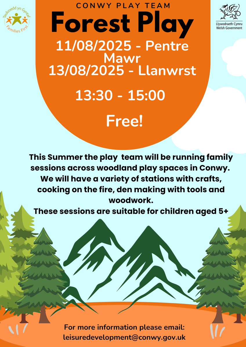 Ffit Conwy Leisure Development (@ffitleisuredev) on Twitter photo Our family events continue this Summer with our forest play sessions. Make sure to check out some of Conwy's beautiful forest areas with plenty of fun and adventure to be had.
For any further information please contact leisuredevelopment@conwy.gov.uk Our family events continue this Summer with our forest play sessions. Make sure to check out some of Conwy's beautiful forest areas with plenty of fun and adventure to be had.
For any further information please contact leisuredevelopment@conwy.gov.uk