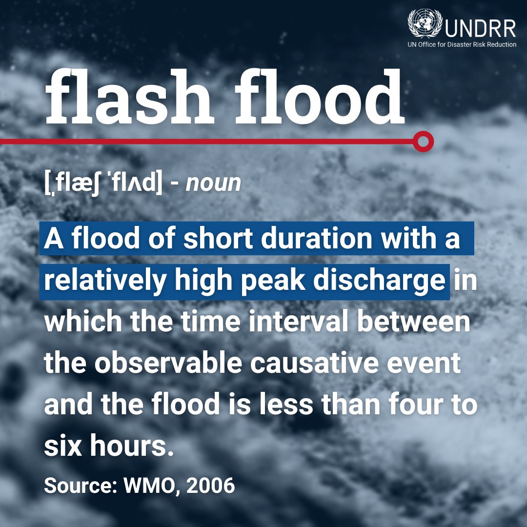 UNDRR's tweet image. Know your hazards: 🌊Flash floods are highly localized in space and restricted in time. This means very little time for warning.
Learn more about floods and reducing their risks on #PreventionWeb 👇ow.ly/5hM350SQ645
