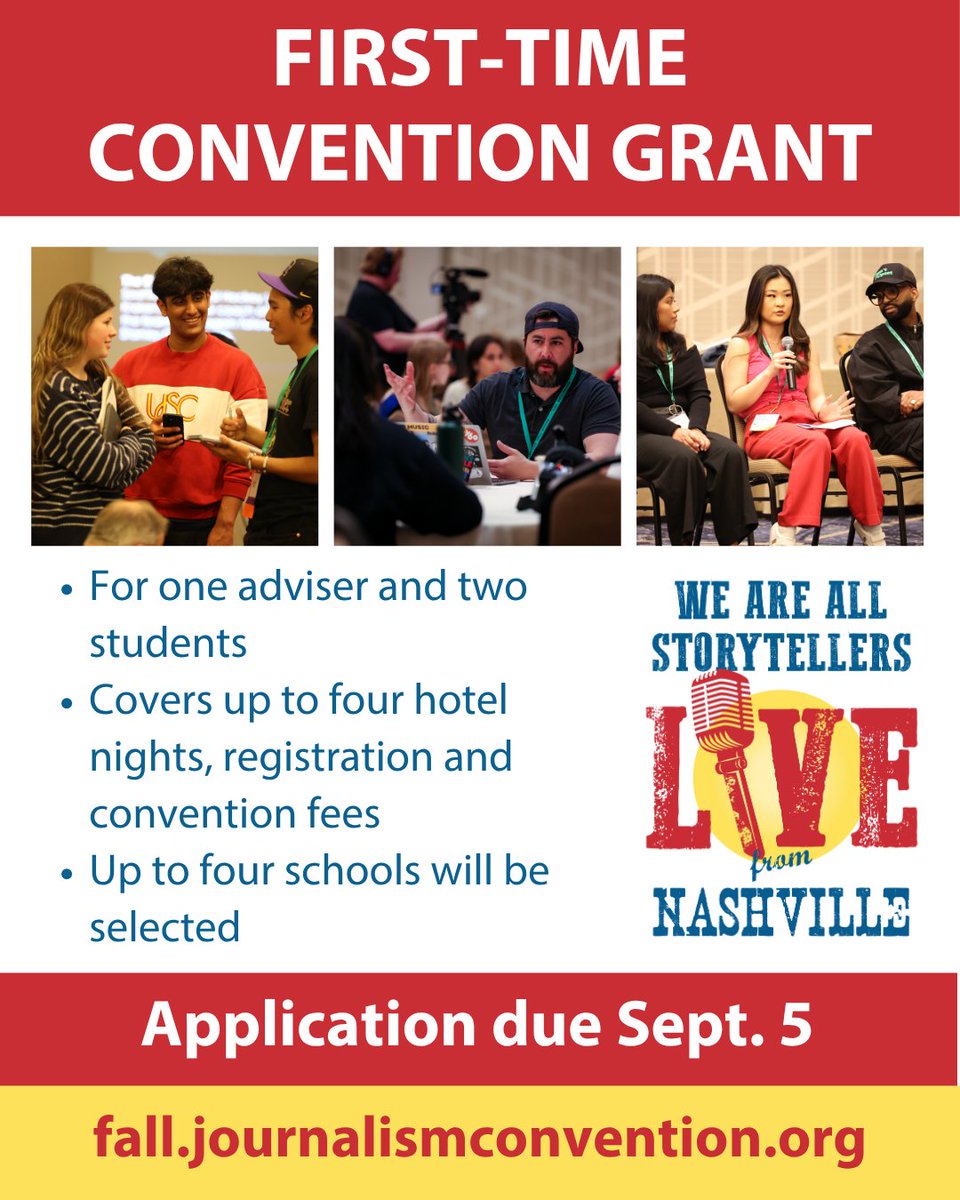 Have you always wanted to attend <a href="/nationalJEA/">JEA</a> <a href="/NSPA/">National Scholastic Press Association</a> NHSJC but never had the chance? Apply for this year's first-time convention attendee grant! The application covers one adviser and two students. Applications are due Sept. 5: ow.ly/vBzR50WCzbp