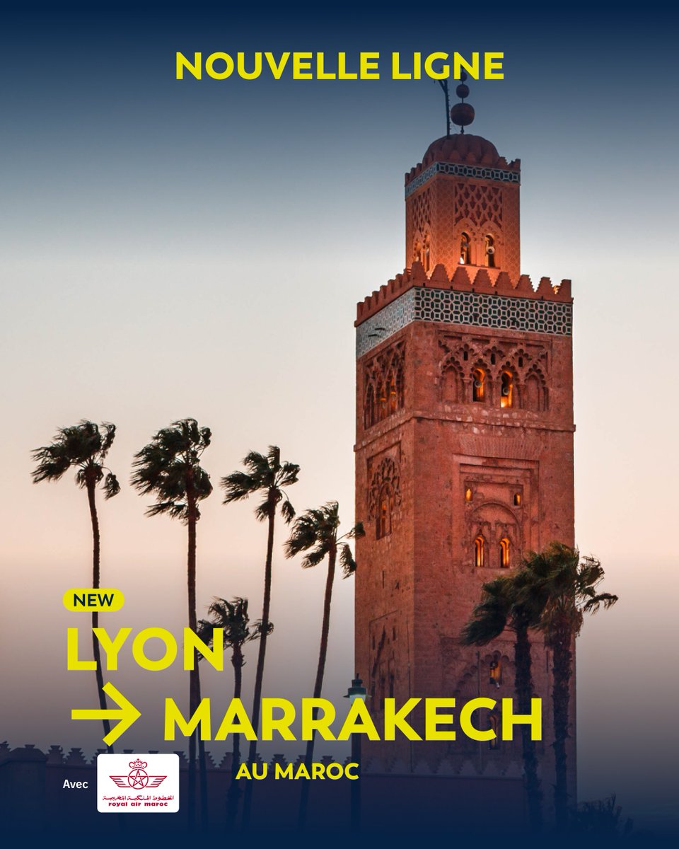 Direction le Maroc avec <a href="/RAM_Maroc/">Royal Air Maroc</a> ! 🇲🇦✈️

Cet automne, à partir du 10 octobre 2025, décollez de Lyon vers Marrakech, avec 2 vols directs par semaine (lundi et vendredi), toute l'année.

 ✈️ Infos et réservations : loom.ly/KgucoMQ

@vinciairports
#FlyFromLyon #Maroc