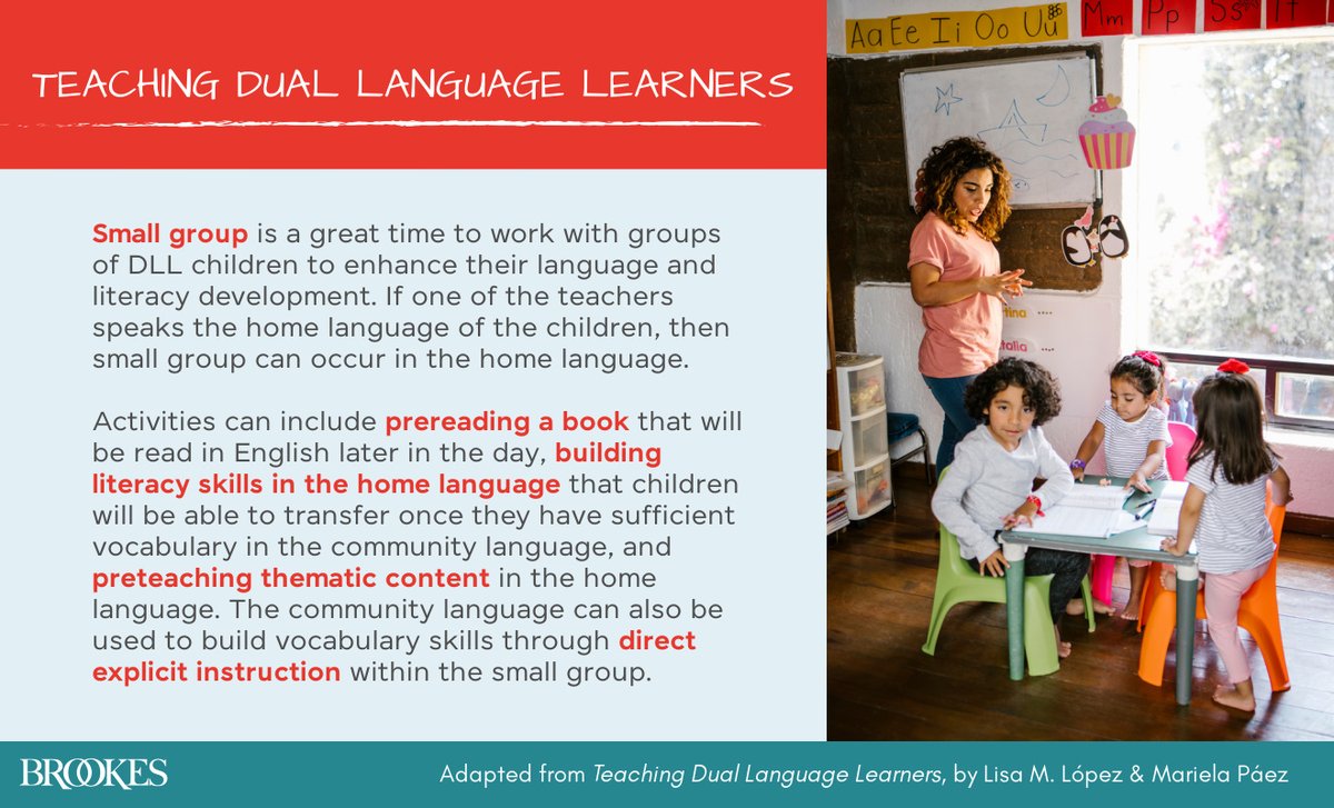 BrookesPubCo's tweet image. Small group is a great time to work with groups of young #DualLanguageLearners to enhance their language and literacy development. (Learn more in this book: ecs.page.link/kcA4k) #ELLs #DLLs #BilingualEducation #BilingualKids #DualLanguage #EnglishLearners