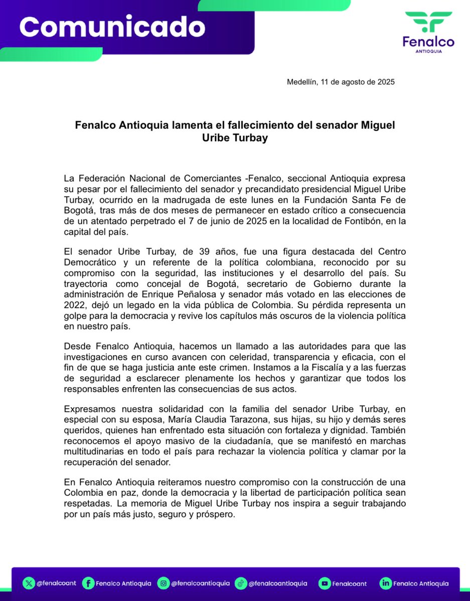 Lamentamos el fallecimiento del senador y precandidato presidencial Miguel Uribe Turbay (<a href="/MiguelUribeT/">Miguel Uribe</a>). Nuestra solidaridad con su familia, en
especial con su esposa, María Claudia Tarazona, sus hijas, su hijo y demás seres
queridos.

Comunicado oficial ⤵️
