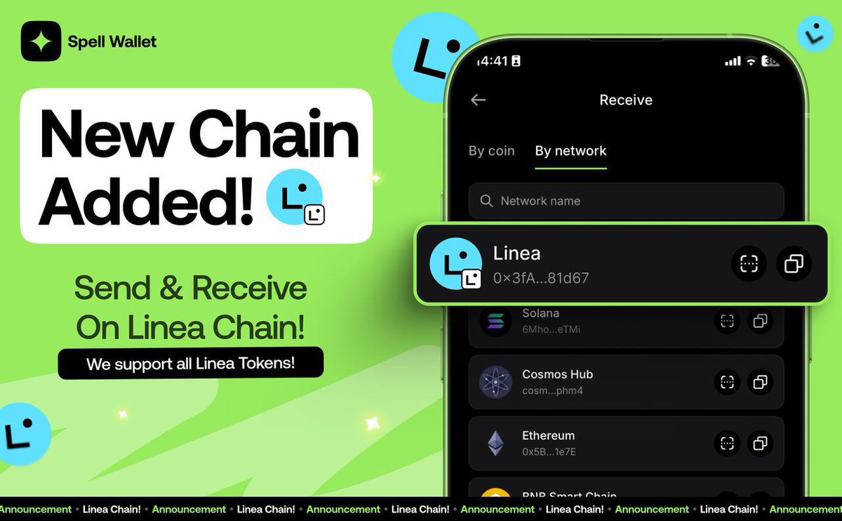 🔥 Breaking! <a href="/LineaBuild/">Linea.eth</a> Chain is now Available! 🔥

<a href="/LineaBuild/">Linea.eth</a>  is now supported in Spell Wallet! 

🪙 Send &amp; Receive your favourite tokens on <a href="/LineaBuild/">Linea.eth</a> chain! Spell Wallet now supports all Linea-based tokens!

❓ How to add <a href="/LineaBuild/">Linea.eth</a> :

1️⃣ Open Spell Wallet
2️⃣ Tap