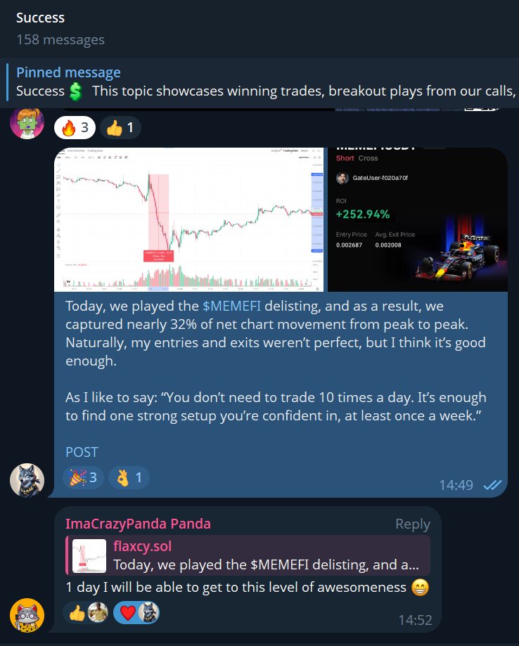 hiddenchain_sol's tweet photo. Today, we played the $MEMEFI delisting, and as a result, we captured nearly 32% of net chart movement from peak to peak. Naturally, my entries and exits weren’t perfect, but I think it’s good enough.

Join the @Degen_Uni and follow my calls to make a profit in any market 😉 https://t.co/Vh2UZFTrxg