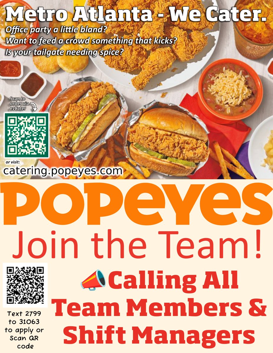 FunkyChickenATL's tweet image. ATL — Where Careers &amp;amp; Chicken Sizzle! 🍗🔥
Metro Atlanta, Popeyes is turning up the flavor — in our kitchens and in your career path.
🚀 Now Hiring!
🎉 Popeyes Catering  
#PopeyesATL #NowHiringGA #JoinTheFlock #PopeyesCatering #SouthernCareers #ATLFoodScene