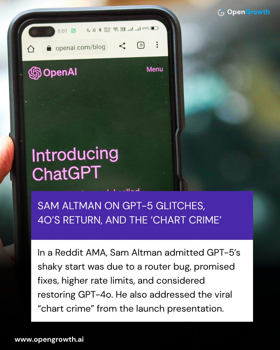 Sam Altman says GPT-5’s “dumb” start was due to a router glitch, now fixed. 

Plus users get doubled limits, and 4o’s return is being considered. He also owned up to the viral “chart crime.” 

Stay tuned for more insights.
