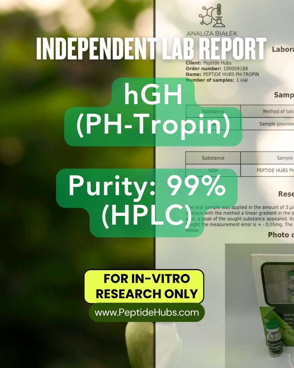 PeptidesHub's tweet photo. Independent Lab Report — hGH (PH-Tropin)

We’ve included the chromatogram + method table and a photo of the tested kit (PH-Tropin 100 IU; 10×10 IU).
🔗 For Full PDF Scan the QR code in Image

For research/lab use only. Not medical advice. Not for human consumption.
#PeptideHubs https://t.co/8W5M2mPkq4