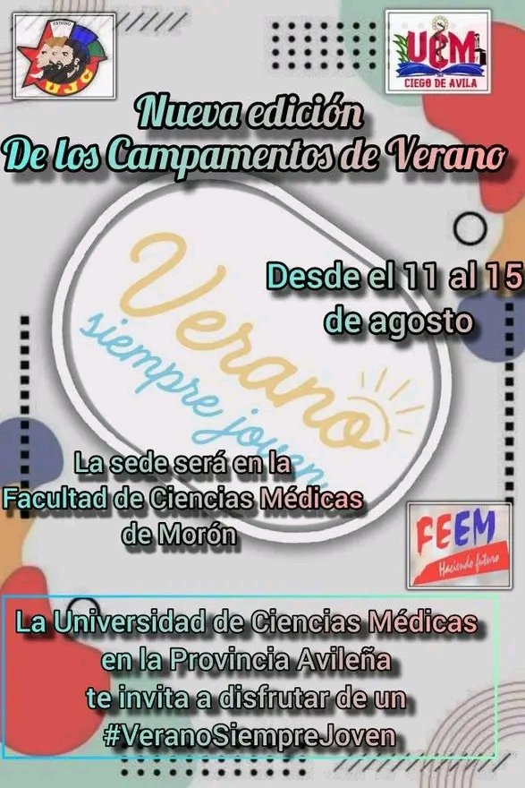 Yorqui Navarro Pérez (@yorquinavarro) on Twitter photo Desde hoy y hasta el próximo 15 de agosto se desarrollará la nueva edición de los Campamentos de Verano, está vez con la Universidad de Ciencias Médicas de la provincia #CiegodeAvila, la cual tiene como sede la Facultad de #Morón.
#CubaEstáFirme
<a href="/FeuCuba/">FEU de Cuba</a> <a href="/AlfreMene37409/">Alfre Menendez</a> Desde hoy y hasta el próximo 15 de agosto se desarrollará la nueva edición de los Campamentos de Verano, está vez con la Universidad de Ciencias Médicas de la provincia #CiegodeAvila, la cual tiene como sede la Facultad de #Morón.
#CubaEstáFirme
<a href="/FeuCuba/">FEU de Cuba</a> <a href="/AlfreMene37409/">Alfre Menendez</a>