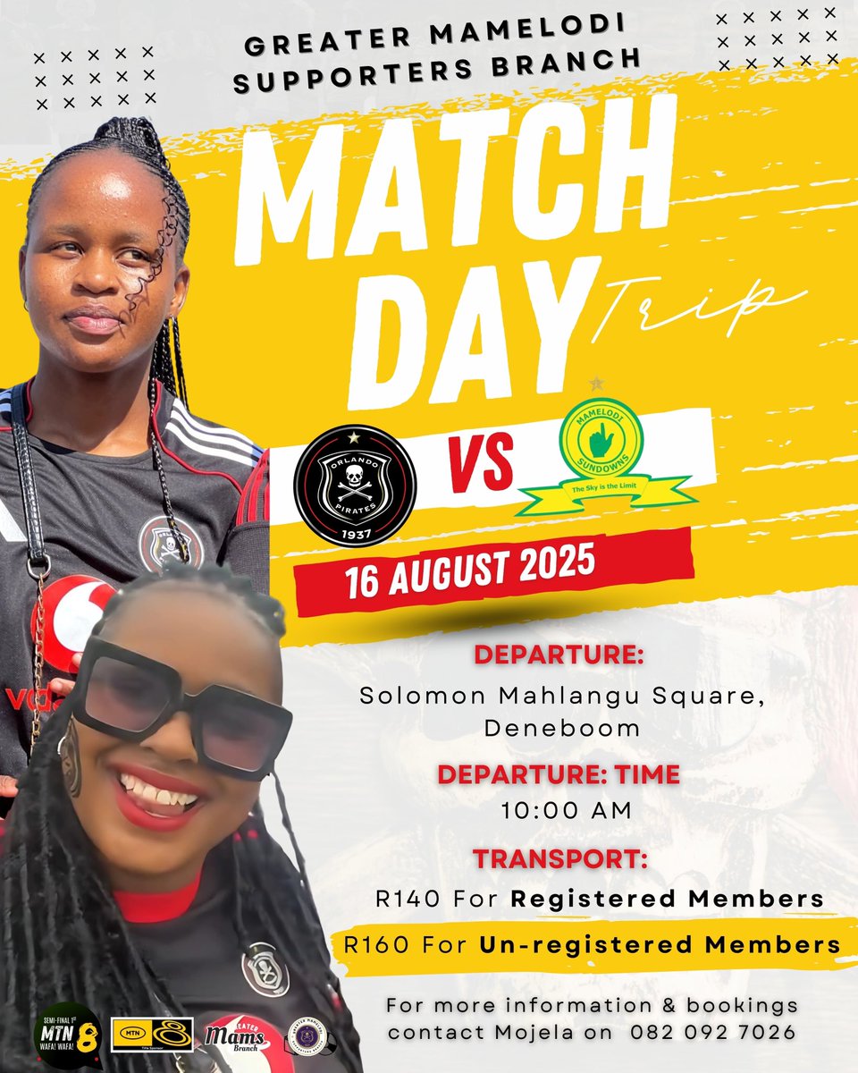The much-anticipated, SOLD-OUT showdown  MTN 8: <a href="/orlandopirates/">Orlando Pirates</a> 🏴‍☠️ vs Mamelodi Sundowns is coming to Esgodini this Saturday! 

📢 Bookings are NOW officially open!
📲 Secure your spot: contact Mojela on 082 092 7026. 

Another history in the making Buccaneers, Let’s Book .