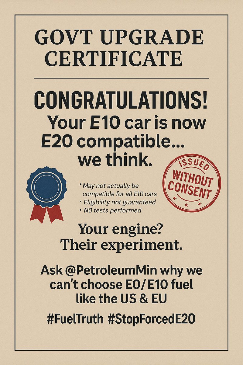Akshay (@akshay) on Twitter photo Congrats! You bought a car that was tested for E10 fuel… and the govt upgraded it to E20 without asking.
Your engine? Their experiment.
📢 Ask <a href="/PetroleumMin/">Ministry of Petroleum and Natural Gas #MoPNG</a> why we can’t choose E0/E10 fuel like the US & EU.
#FuelTruth #StopForcedE20 Congrats! You bought a car that was tested for E10 fuel… and the govt upgraded it to E20 without asking.
Your engine? Their experiment.
📢 Ask <a href="/PetroleumMin/">Ministry of Petroleum and Natural Gas #MoPNG</a> why we can’t choose E0/E10 fuel like the US & EU.
#FuelTruth #StopForcedE20