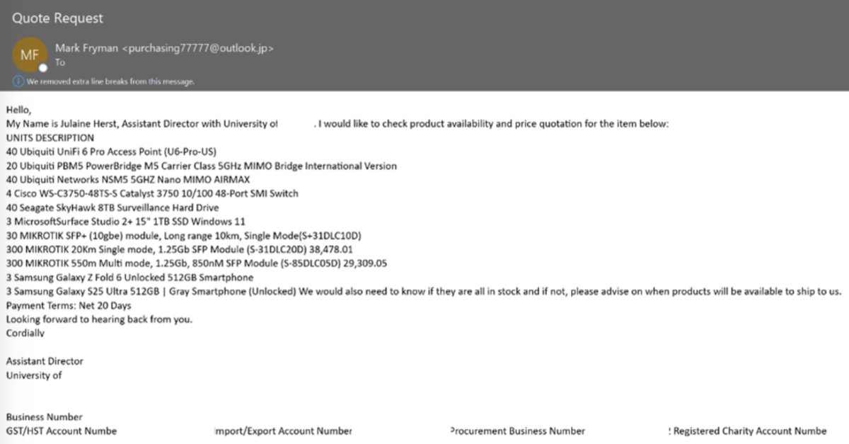 proofpoint's tweet image. ⚠️ Request For Quote (RFQ) scams are among the top five most frequently observed #socialengineering themes used by fraud actors.

Learn how this scam works and see examples caught by our threat researchers here: brnw.ch/21wUP3a

#finance #phishing #quote #fraud #BEC #scam